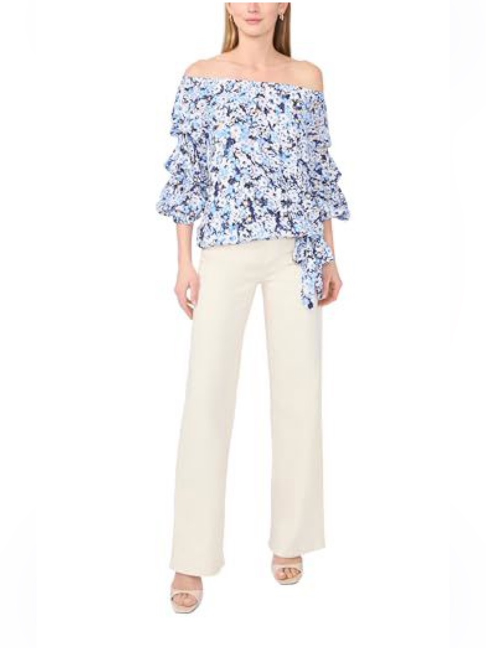 Vince Camuto Off Shoulder Bubble Sleeve Side Tie Blouse, size M, Blue Shadow NWT - Picture 3 of 14